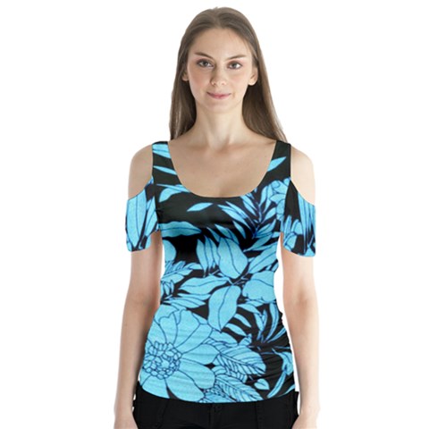 Blue Winter Tropical Floral Watercolor Butterfly Sleeve Cutout Tee  by dressshop