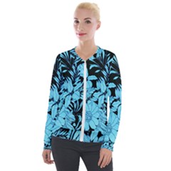 Blue Winter Tropical Floral Watercolor Velour Zip Up Jacket