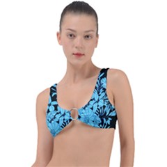 Blue Winter Tropical Floral Watercolor Ring Detail Bikini Top