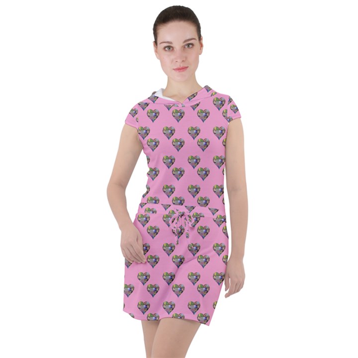 Patchwork Heart Pink Drawstring Hooded Dress