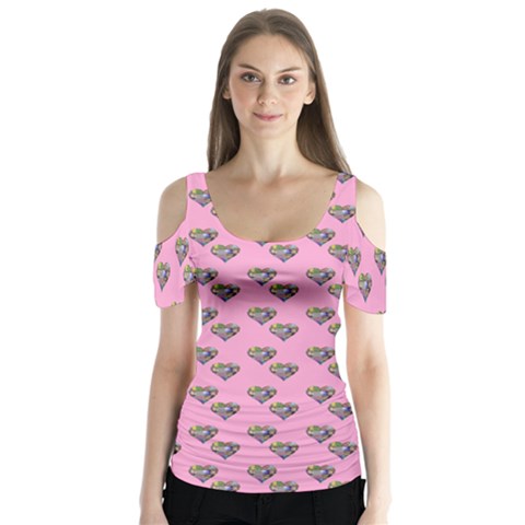 Patchwork Heart Pink Butterfly Sleeve Cutout Tee  by snowwhitegirl