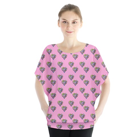 Patchwork Heart Pink Batwing Chiffon Blouse by snowwhitegirl