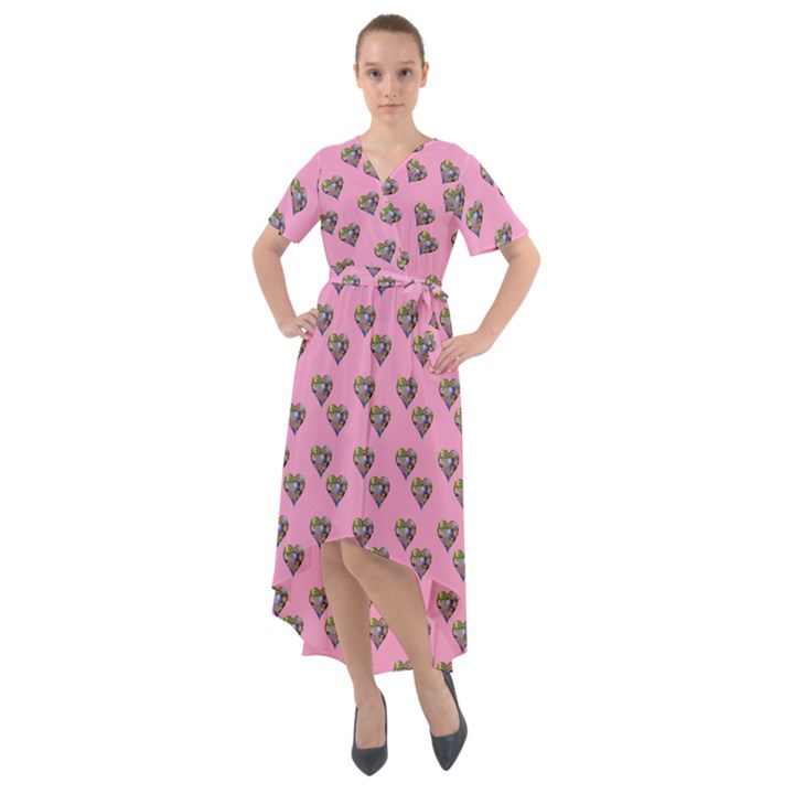 Patchwork Heart Pink Front Wrap High Low Dress