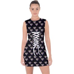 Patchwork Heart Black Lace Up Front Bodycon Dress