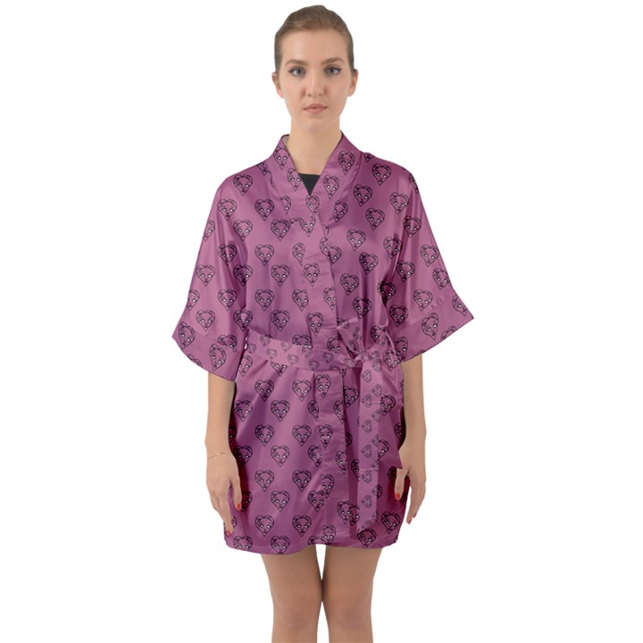 Heart Face Mauve Half Sleeve Satin Kimono 