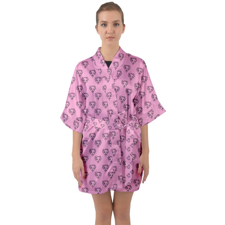 Heart Face Pink Half Sleeve Satin Kimono 