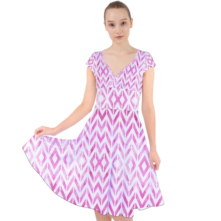 Chevrons Abstrait Rose Cap Sleeve Front Wrap Midi Dress