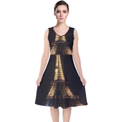 Tour Eiffel Paris Nuit V-neck Midi Sleeveless Dress  by kcreatif