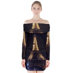 Tour Eiffel Paris Nuit Long Sleeve Off Shoulder Dress by kcreatif