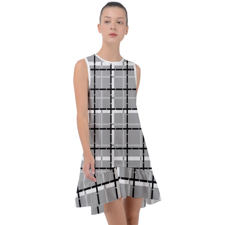 Pattern Carreaux Noir/Gris Frill Swing Dress