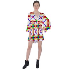 Rainbow Pattern V-neck Flare Sleeve Mini Dress