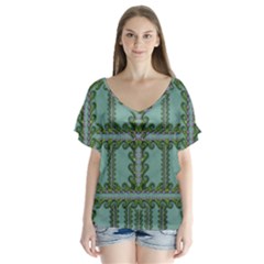 Rainforest Vines And Fantasy Flowers V-neck Flutter Sleeve Top by pepitasart