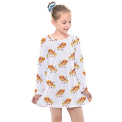 Pizza Pattern Kids  Long Sleeve Dress by designsbymallika