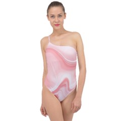 Pink Marble Print Classic One Shoulder Swimsuit by designsbymallika