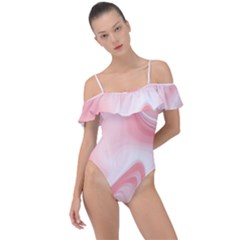 Pink Marble Print Frill Detail One Piece Swimsuit