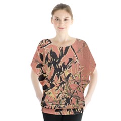 Floral Grungy Style Artwork Batwing Chiffon Blouse