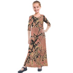 Floral Grungy Style Artwork Kids  Quarter Sleeve Maxi Dress