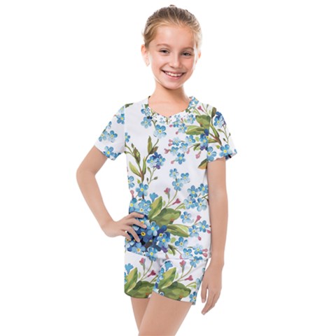 Blue Floral Print Kids  Mesh Tee And Shorts Set by designsbymallika