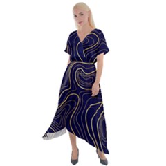 Golden Lines Pattern Cross Front Sharkbite Hem Maxi Dress