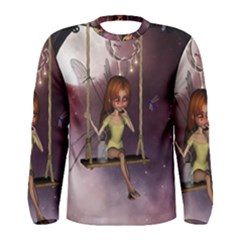 Little Fairy On A Swing With Dragonfly In The Night Men s Long Sleeve Tee by FantasyWorld7