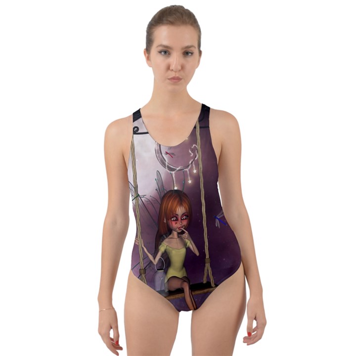 Little Fairy On A Swing With Dragonfly In The Night Cut-Out Back One Piece Swimsuit