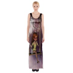 Little Fairy On A Swing With Dragonfly In The Night Thigh Split Maxi Dress by FantasyWorld7