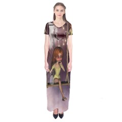 Little Fairy On A Swing With Dragonfly In The Night Short Sleeve Maxi Dress by FantasyWorld7