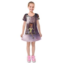 Little Fairy On A Swing With Dragonfly In The Night Kids  Short Sleeve Velvet Dress by FantasyWorld7