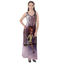 Little Fairy On A Swing With Dragonfly In The Night Sleeveless Velour Maxi Dress by FantasyWorld7