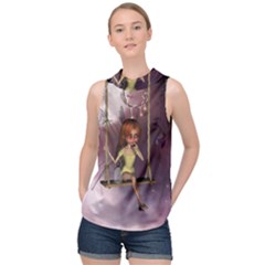 Little Fairy On A Swing With Dragonfly In The Night High Neck Satin Top by FantasyWorld7