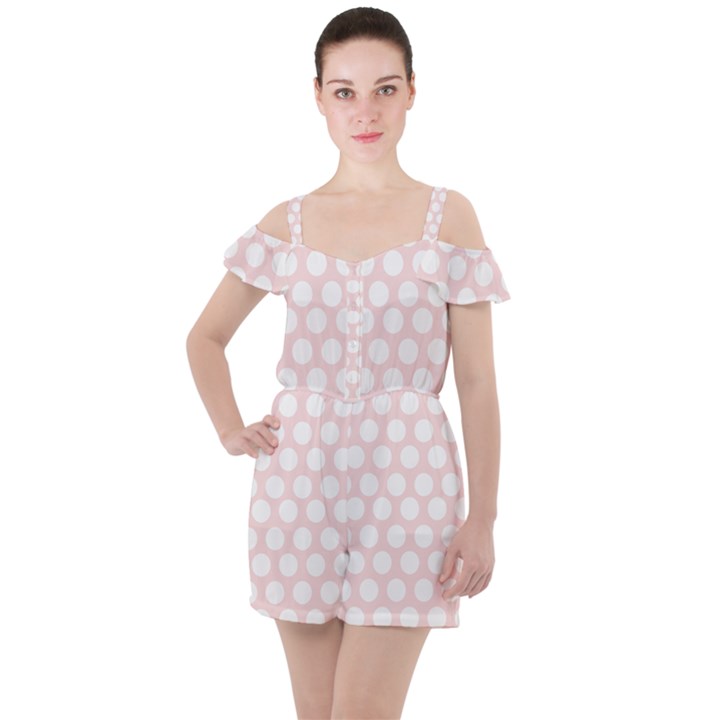 Pink and White Polka Dots Ruffle Cut Out Chiffon Playsuit