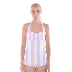 Pastel Pink Stripes Boyleg Halter Swimsuit 