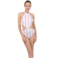 Pastel Pink Stripes Halter Side Cut Swimsuit