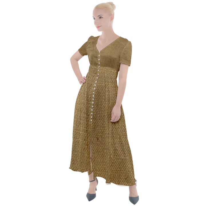 Burlap Coffee Sack Grunge Knit Look Button Up Short Sleeve Maxi Dress