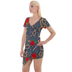 Golden Chain Pattern With Roses Short Sleeve Asymmetric Mini Dress