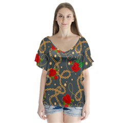 Golden Chain Pattern With Roses V-neck Flutter Sleeve Top