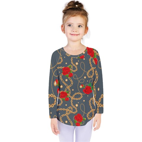 Golden Chain Pattern With Roses Kids  Long Sleeve Tee by designsbymallika