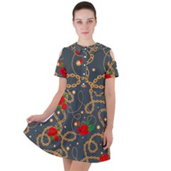 Golden Chain Pattern With Roses Short Sleeve Shoulder Cut Out Dress 