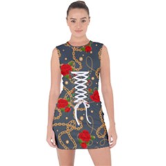 Golden Chain Pattern With Roses Lace Up Front Bodycon Dress