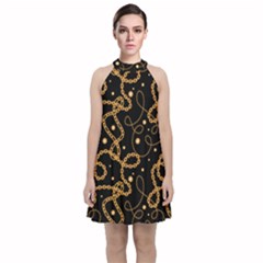 Golden Chain Print Velvet Halter Neckline Dress  by designsbymallika