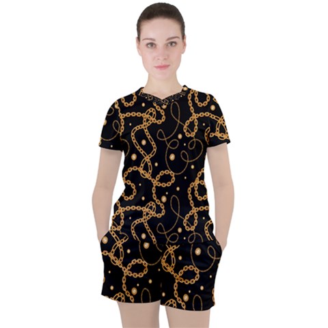 Golden Chain Print Women s Tee And Shorts Set by designsbymallika