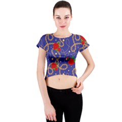 Blue Golden Chain Rose Pattern Crew Neck Crop Top by designsbymallika