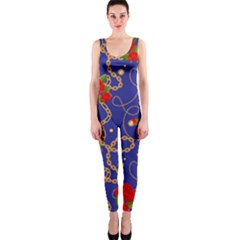 Blue Golden Chain Rose Pattern One Piece Catsuit by designsbymallika