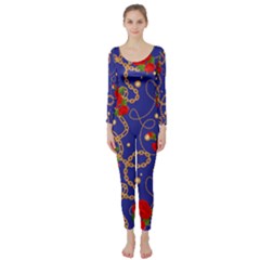 Blue Golden Chain Rose Pattern Long Sleeve Catsuit by designsbymallika