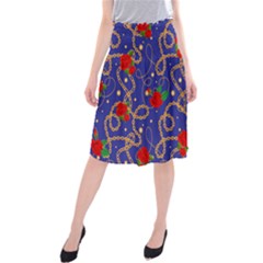 Blue Golden Chain Rose Pattern Midi Beach Skirt by designsbymallika