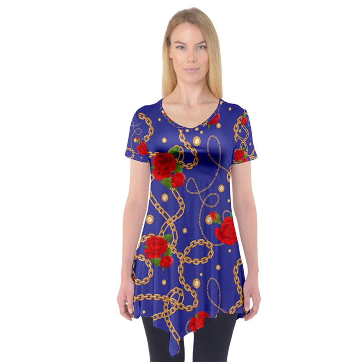 BLUE GOLDEN CHAIN ROSE PATTERN Short Sleeve Tunic 