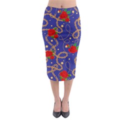 Blue Golden Chain Rose Pattern Midi Pencil Skirt by designsbymallika