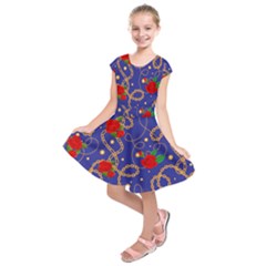 Blue Golden Chain Rose Pattern Kids  Short Sleeve Dress by designsbymallika