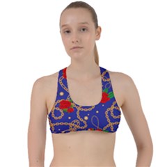 Blue Golden Chain Rose Pattern Criss Cross Racerback Sports Bra