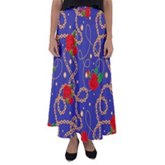 Blue Golden Chain Rose Pattern Flared Maxi Skirt by designsbymallika